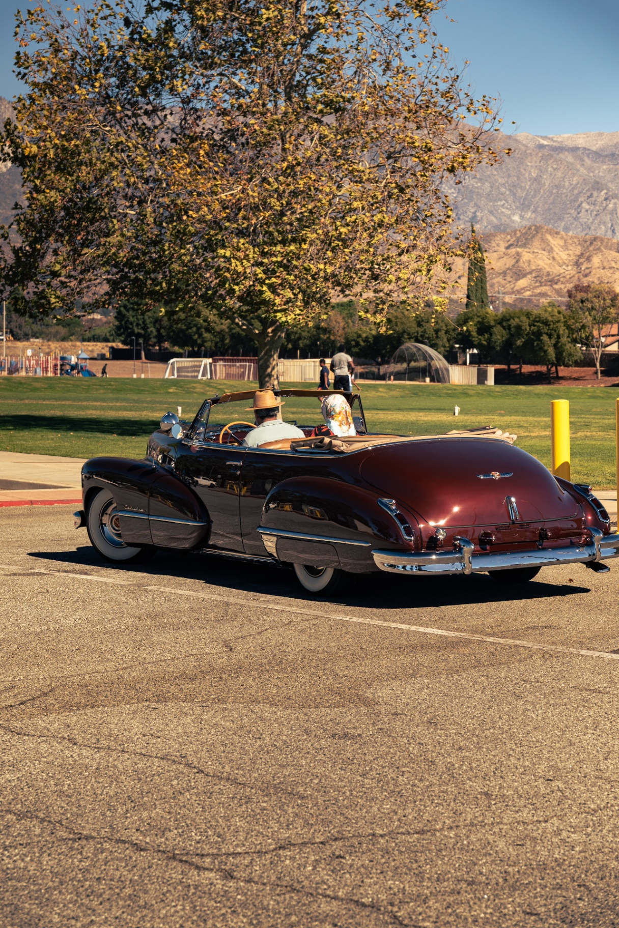 Vintage Cadillac convertible cruising past the park